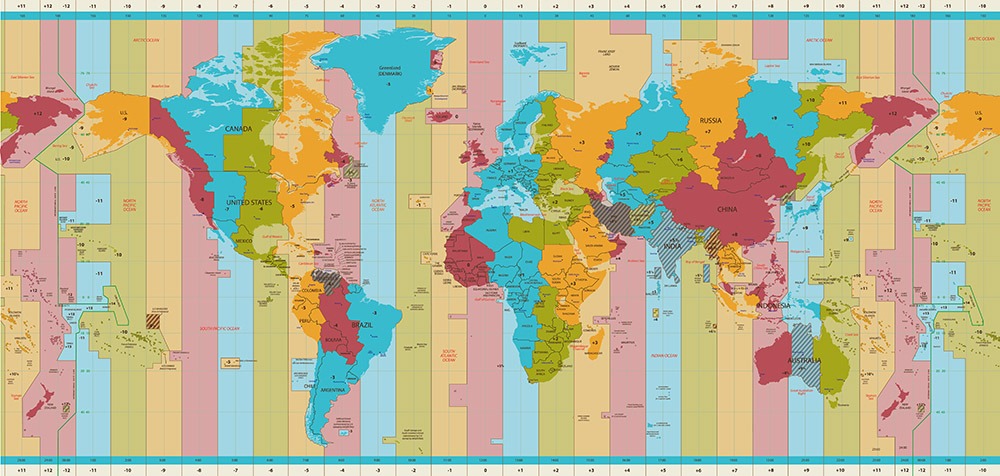 World time zones map with current time- 24 hour format